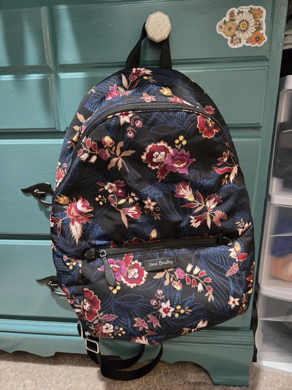 Vera Bradley Black Floral Print Backpack with Maroon, Blue & Cream Accents